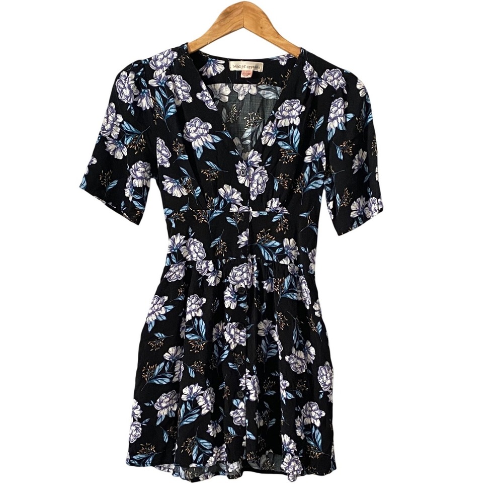Band of Gypsies Womens Sz Sm Cottagecore Black‎ Floral Button Front Mini Dress